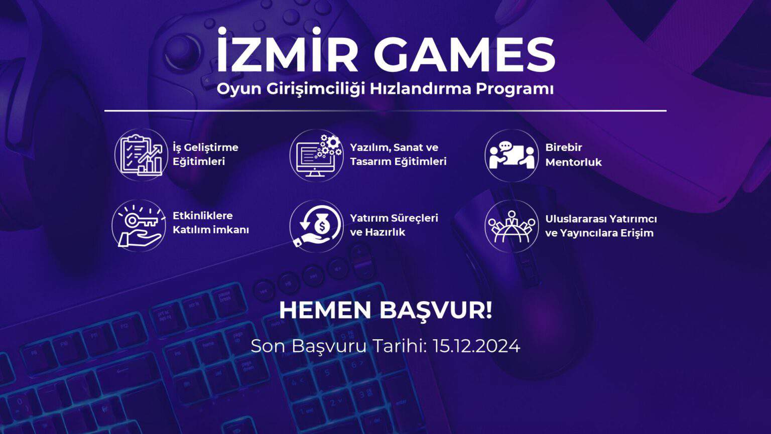 izmir games oyun girişimciliği hızlandırma programı yazısı altında programın içeriği yuvarlak daireler içerisinde yer alan ikonlar ile yazılmış