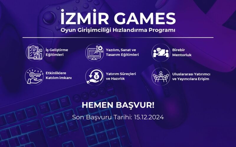 izmir games oyun girişimciliği hızlandırma programı yazısı altında programın içeriği yuvarlak daireler içerisinde yer alan ikonlar ile yazılmış