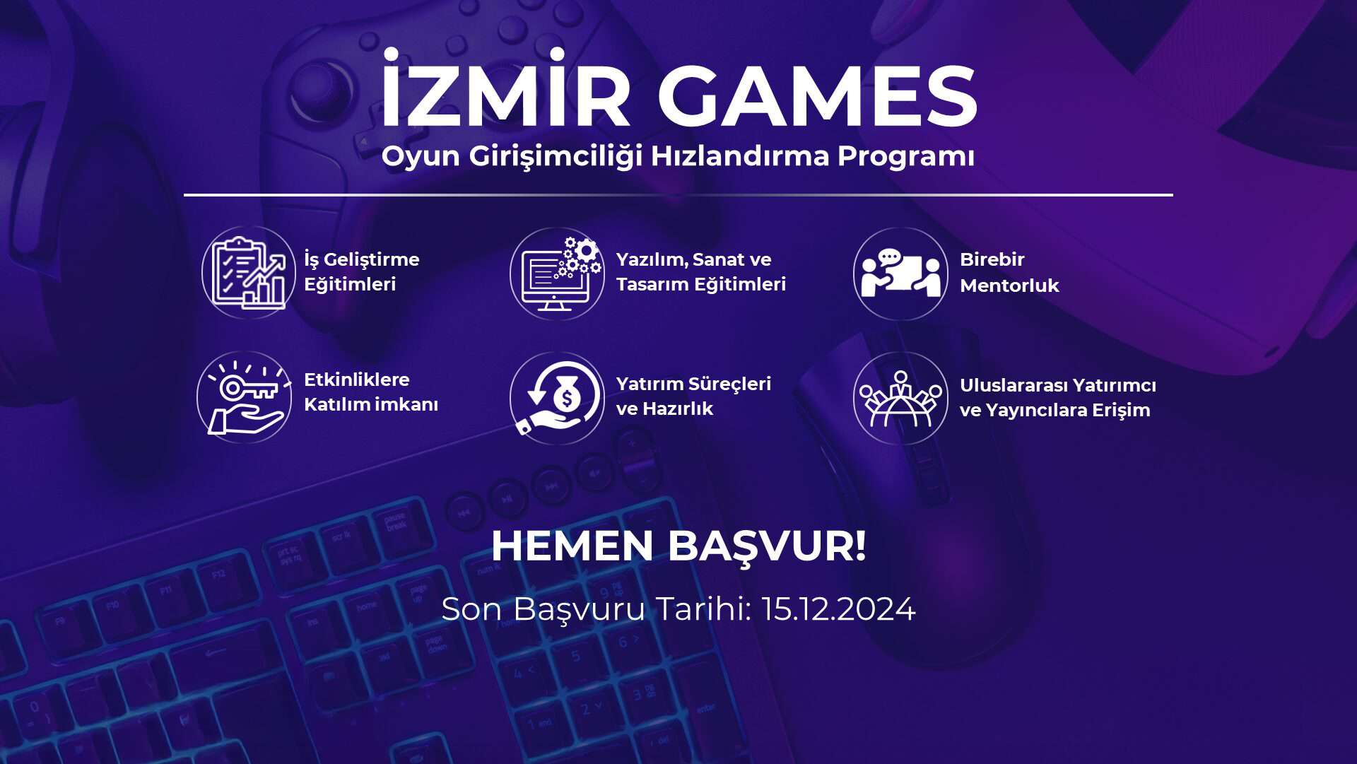 izmir games oyun girişimciliği hızlandırma programı yazısı altında programın içeriği yuvarlak daireler içerisinde yer alan ikonlar ile yazılmış