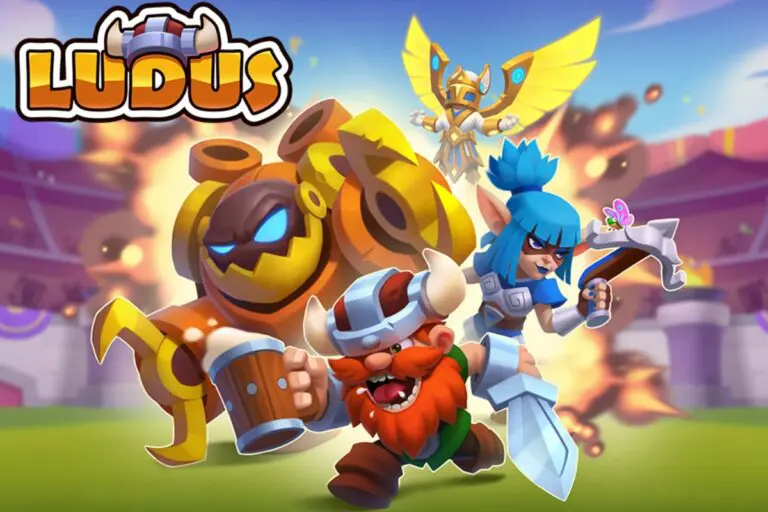 Ludus key art showcases stylized, cartoon characters. A viking with a beer and a sword in his hands, and elf with a crossbow, a robot with hooks for hands and a knight in armor and angel wings