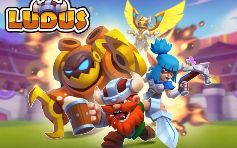 Ludus merge arena key art showcases stylized, cartoon characters. A viking with a beer and a sword in his hands, and elf with a crossbow, a robot with hooks for hands and a knight in armor and angel wings
