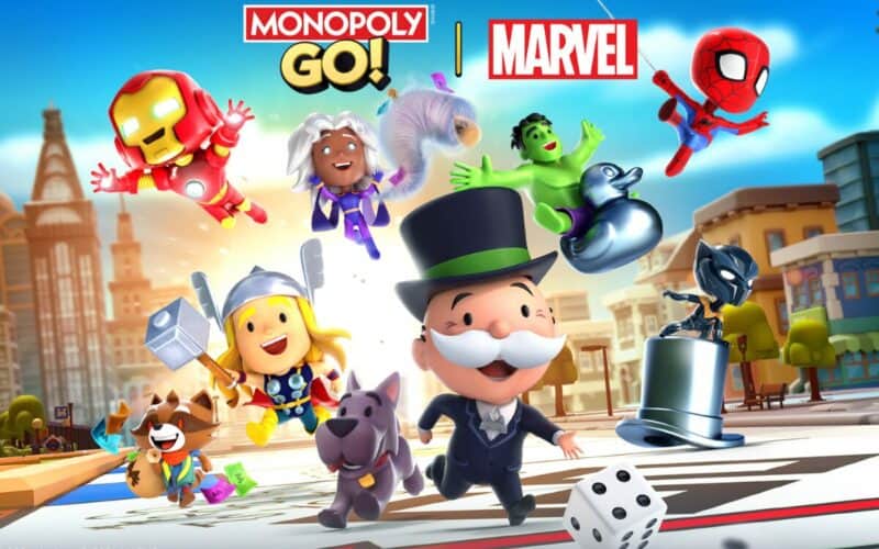 monopoly go! x marvel mash up cover art for the game monopoly go! - mr. monopoly and bunch of marvel characters running on a monopoly board