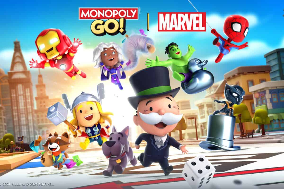 monopoly go! x marvel mash up cover art for the game monopoly go! - mr. monopoly and bunch of marvel characters running on a monopoly board