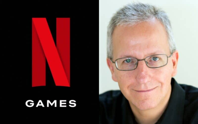 netflix games logo on the left, mike verdu picture on the right
