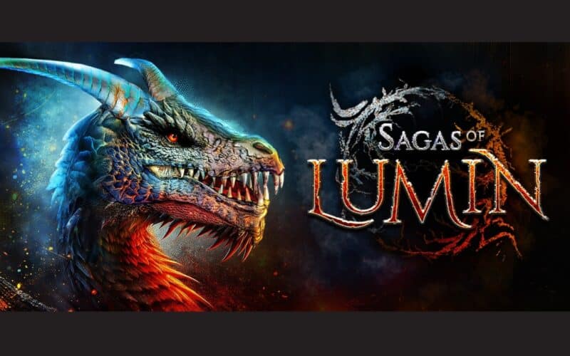 Sagas of Lumin cover art features a dragon on the left side of the image and the logo for the game