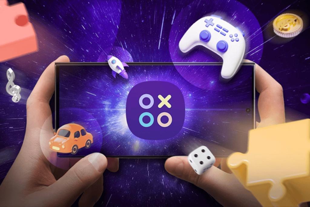 samsung gaming hub photo shows a person holding a phone horizontally. inside the phone there is a space illustration with purple and black colors and white sparks