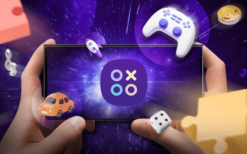 samsung gaming hub photo shows a person holding a phone horizontally. inside the phone there is a space illustration with purple and black colors and white sparks