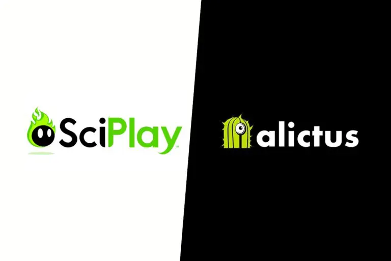 SciPlay logo on the left on white background, alictus logo on the right on the black background