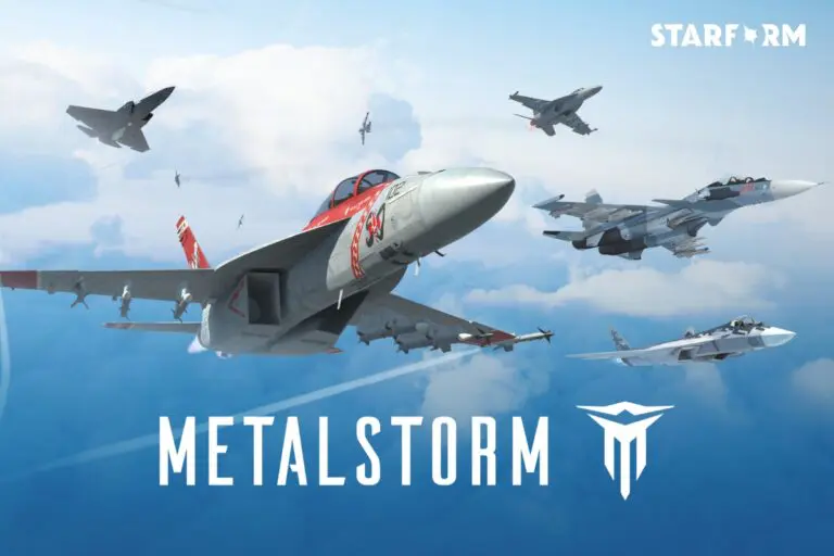 Cover art for Starform's game Metalstorm, featuring a couple of war planes in the sky, wth metalstorm logo on the bottom and the starform logo on top right