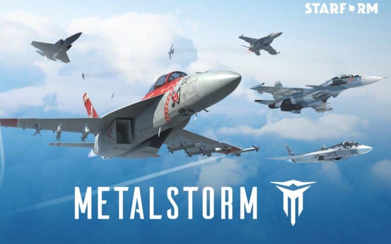 Cover art for Starform's game Metalstorm, featuring a couple of war planes in the sky, wth metalstorm logo on the bottom and the starform logo on top right