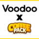 en üstte voodoo logosu, ortada x ikonu, alt tarafta coffee pack logosu