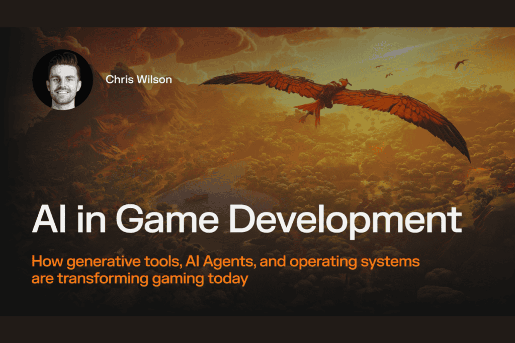 picture of chris wilson, guest writer for the "AI in game development" article on the top left side. A white text says AI in game develooment and an orange subtitle text follows "How generative tools, AI agents, and operating systems are transforming gaming today." In the background picture there is giant bird flying on a forest