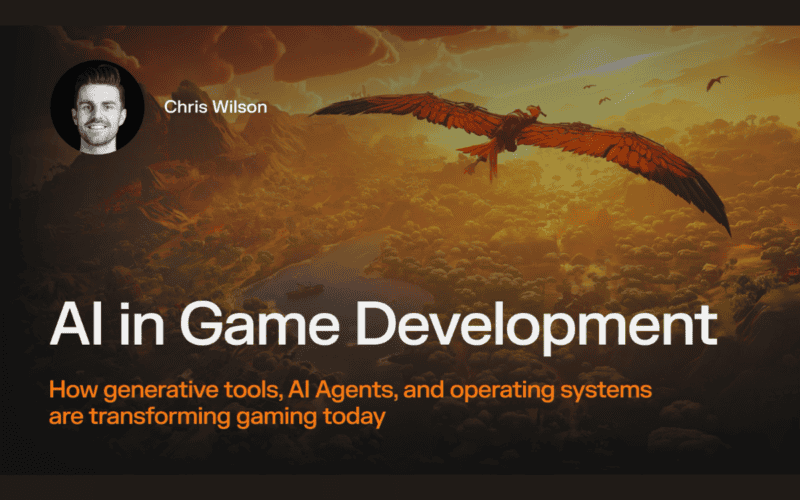 picture of chris wilson, guest writer for the "AI in game development" article on the top left side. A white text says AI in game develooment and an orange subtitle text follows "How generative tools, AI agents, and operating systems are transforming gaming today." In the background picture there is giant bird flying on a forest
