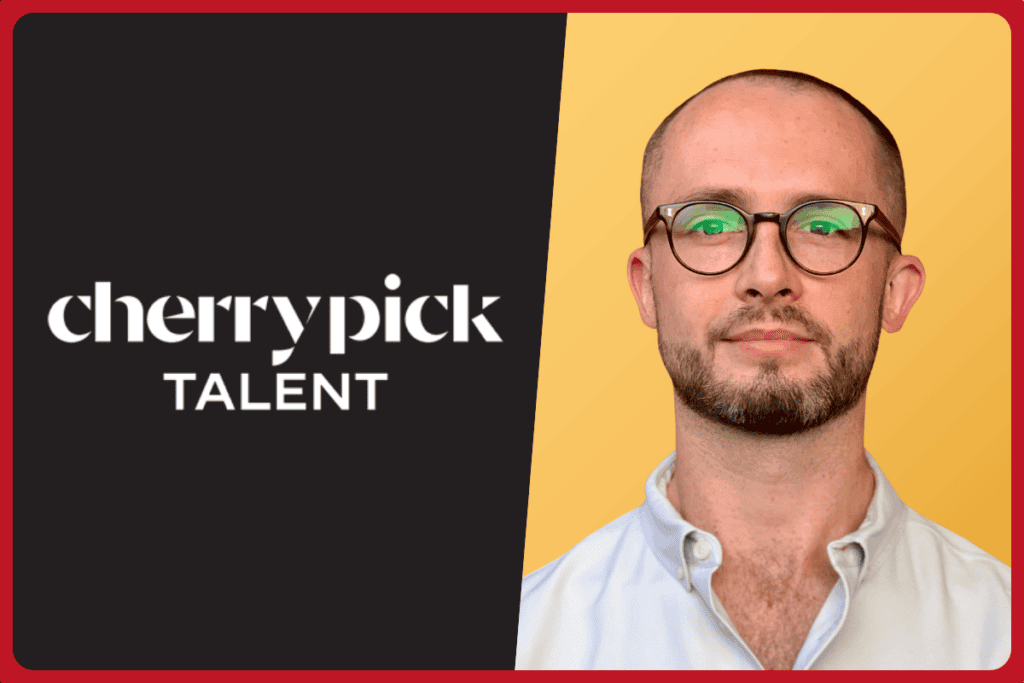 Cherry pick talent logo on the left on black background, george ince photo on the right