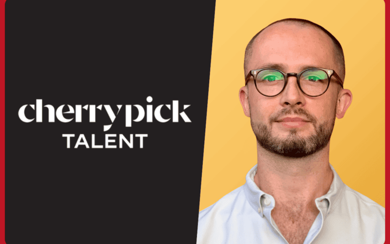 Cherry pick talent logo on the left on black background, george ince photo on the right