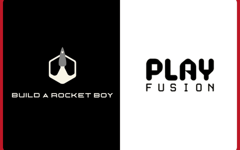 Build A Rocket Boy logo on the left, on black background, PlayFusion logo on the right, on white background with red border covering the sides