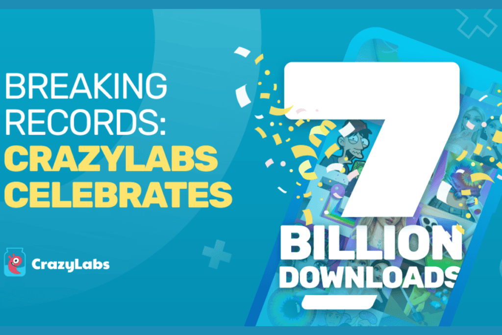 plain white text that says BREAKING RECORDS, following with yellow text saying CrayzLabs CELEBRATES 7 billion downloads