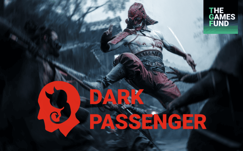 dark passenger art portrays a samurai attacking enemies, dark passenger logo in the bottom and the games fund logo on the top right