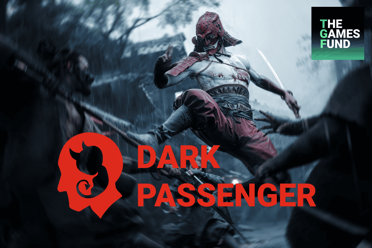dark passenger art portrays a samurai attacking enemies, dark passenger logo in the bottom and the games fund logo on the top right