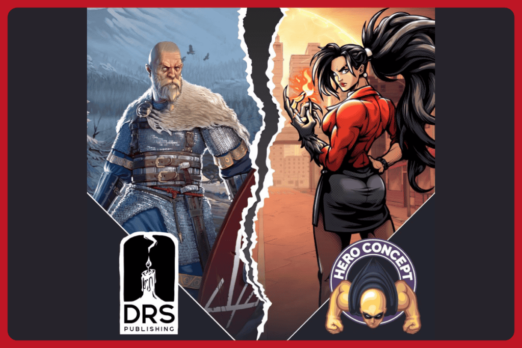 a cover art from dream realm storyteller's publishing game svilland on the left side, showing a viking character, and on right side a character from hero concept's mayhem brawler series, a woman with red jacket, black skirt and long dark hair