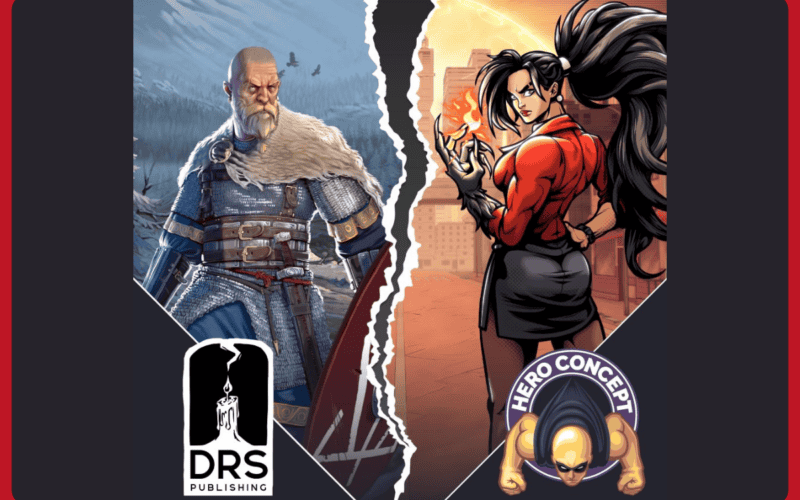 a cover art from dream realm storyteller's publishing game svilland on the left side, showing a viking character, and on right side a character from hero concept's mayhem brawler series, a woman with red jacket, black skirt and long dark hair