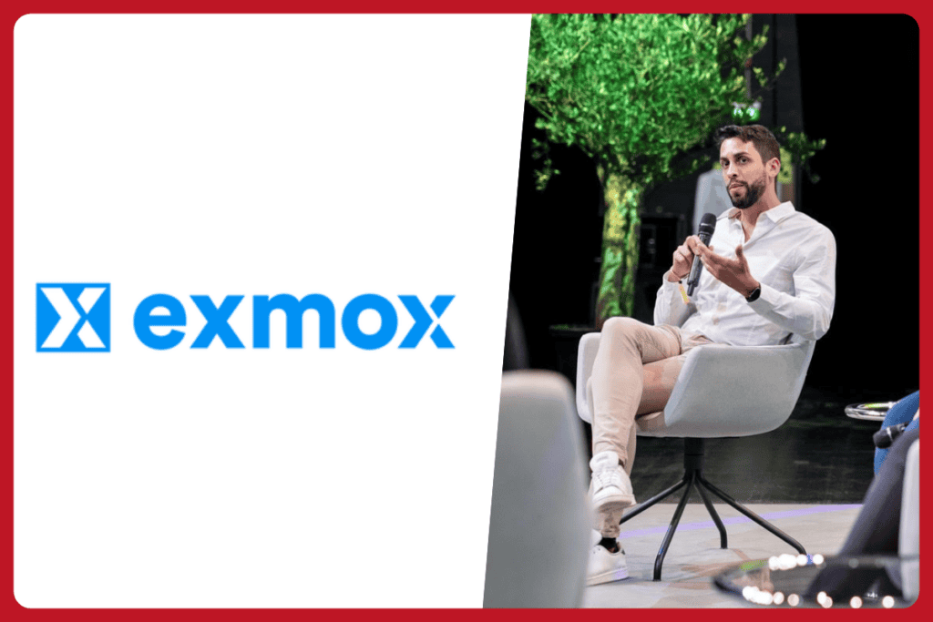 exmox GmbH logo on the left, Alejandro Spicker photo on the right