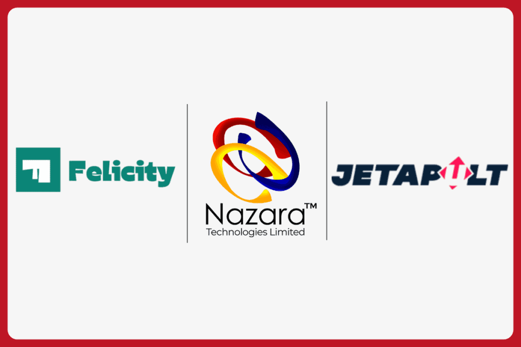 felicity logo on the left, nazara logo on the middle and jetapult logo on the right, each of them has a vertical divider line between them