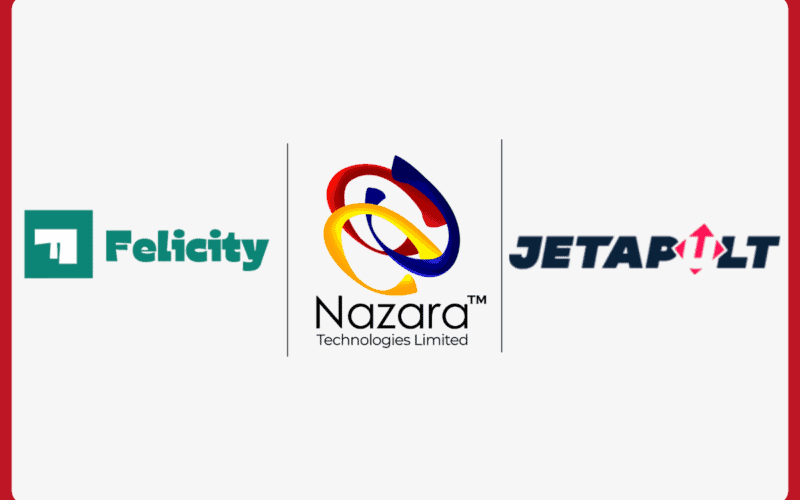 felicity logo on the left, nazara logo on the middle and jetapult logo on the right, each of them has a vertical divider line between them