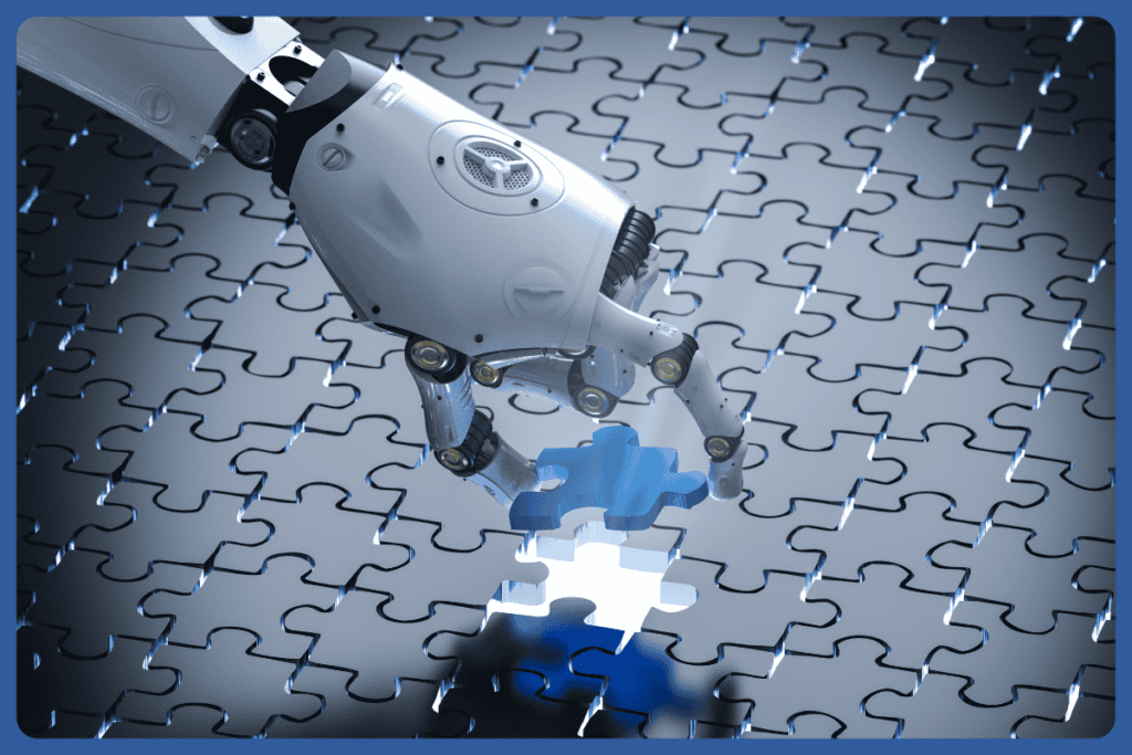 robot arm placing last piece of the puzzle on a puzzle board