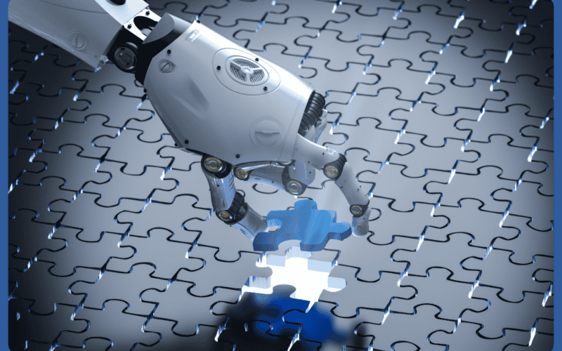 robot arm placing last piece of the puzzle on a puzzle board