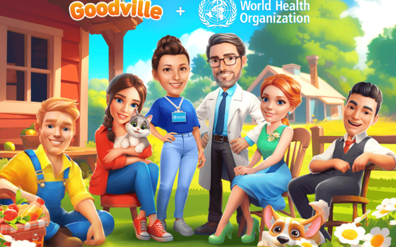 goodville cover art shows a family sitting around in the garden of a house, there is a goodville and world health organization (who) logos on top