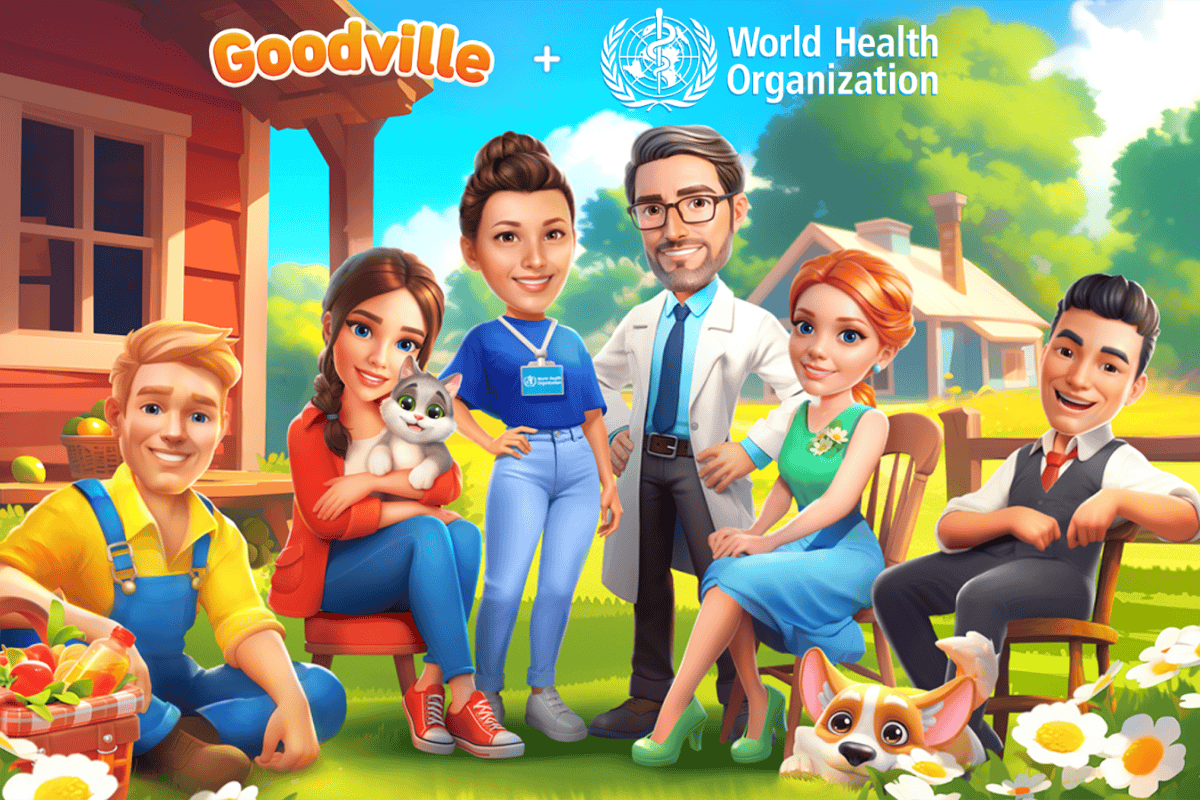 goodville cover art shows a family sitting around in the garden of a house, there is a goodville and world health organization (who) logos on top