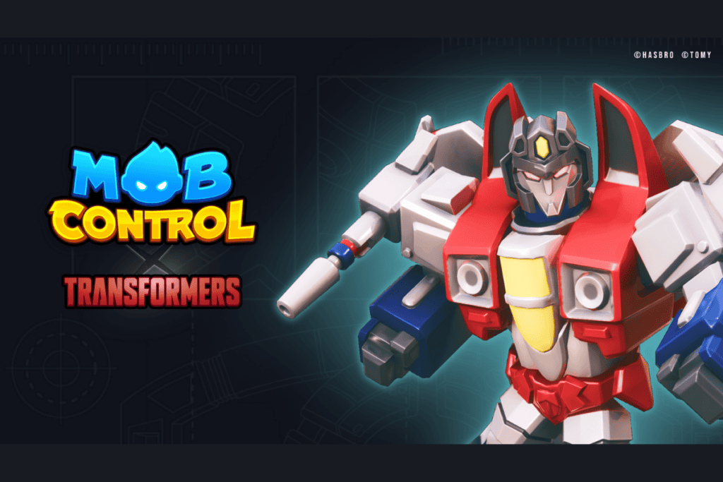mob control logo on the left, below is the transformers logo, on the right, there is starscream, new champion for the game