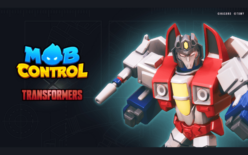 mob control logo on the left, below is the transformers logo, on the right, there is starscream, new champion for the game