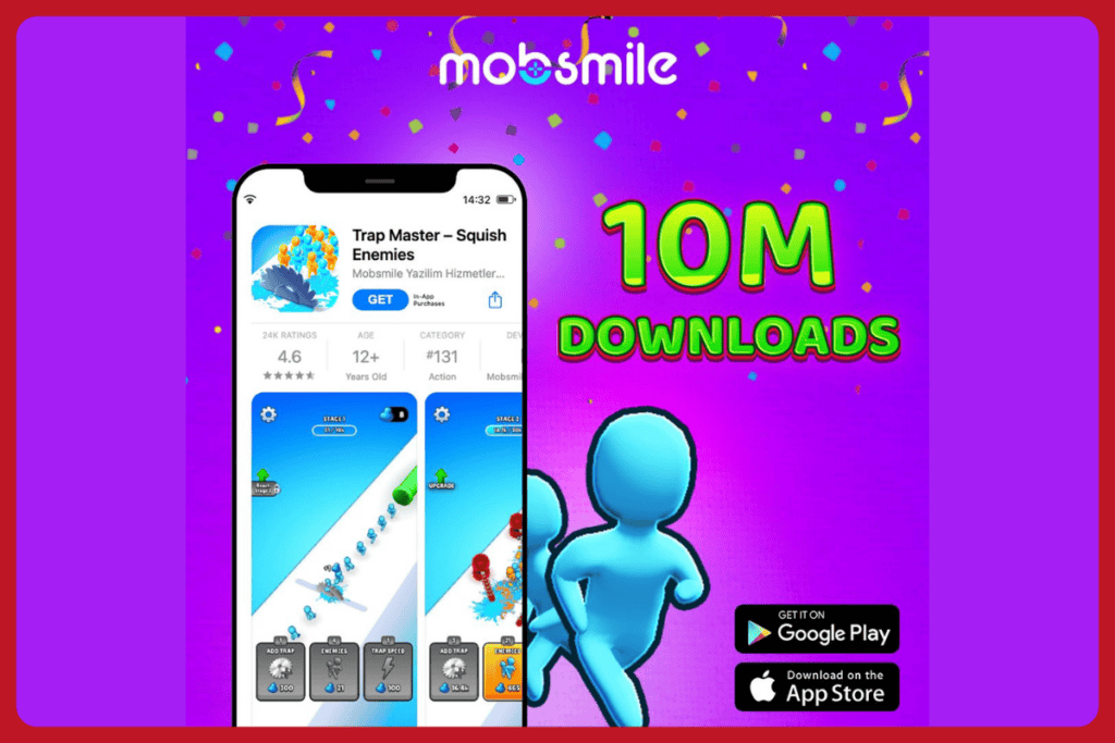 trap master squish enemies game on a phone screen, near the phone it says "10M downloads" with green text, the background is purple