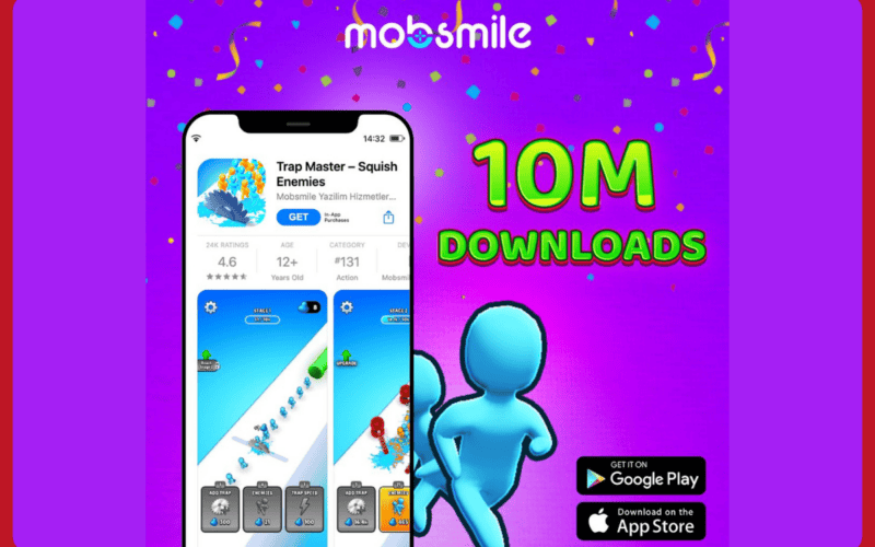 trap master squish enemies game on a phone screen, near the phone it says "10M downloads" with green text, the background is purple