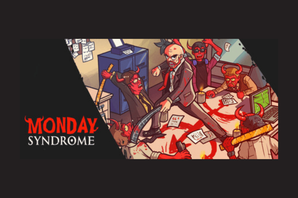 monday syndrome cover tasarımı ofiste şeytanlarla dövüşen kel bir karaktere yer veriyor