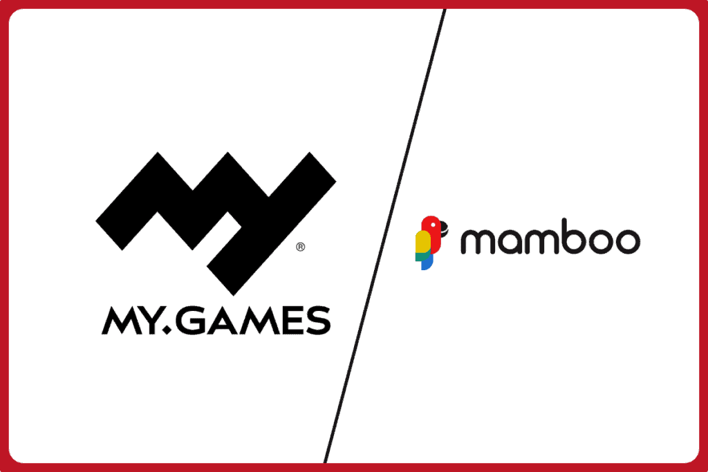 my.games logo on the left, divider line in the middle, mamboo logo on the right with a red border covering the image