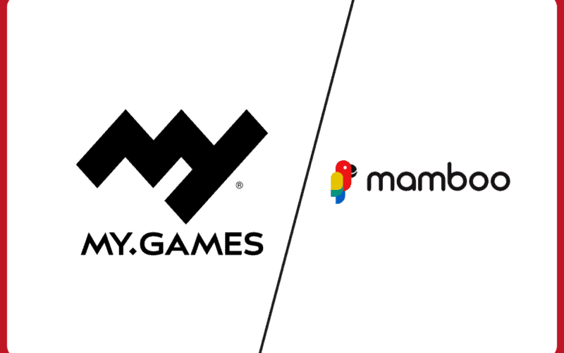 my.games logo on the left, divider line in the middle, mamboo logo on the right with a red border covering the image
