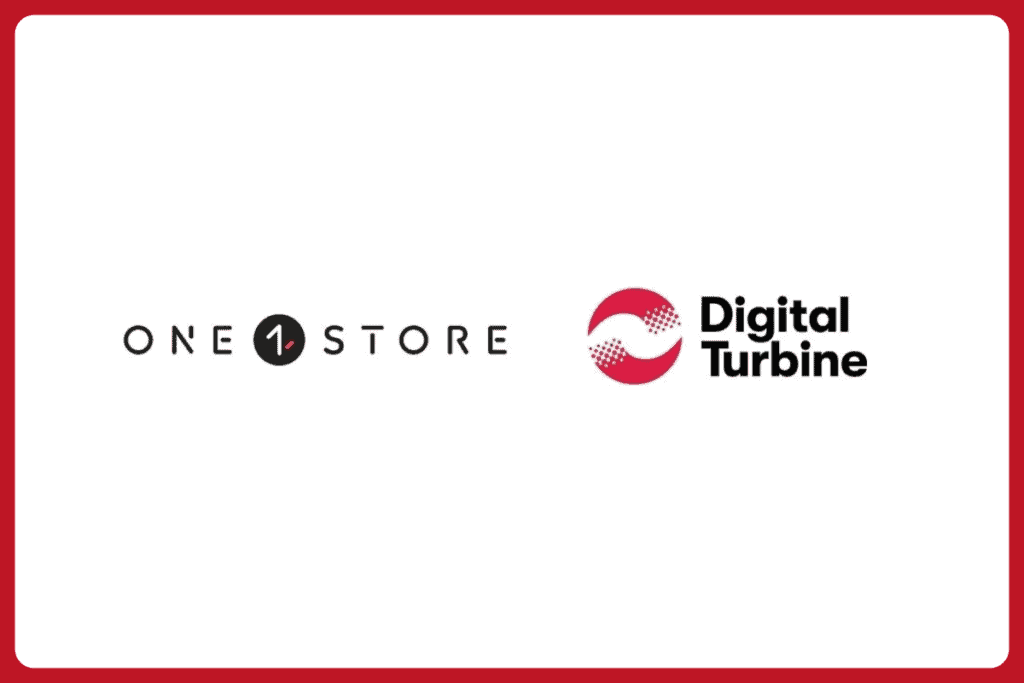 solda one store logosu, sağda digital turbine logosu, beyaz arkaplan