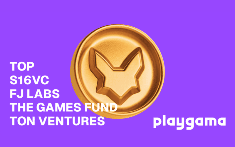playgama logo is a gold coin with a bunny/fox carved inside. there is a plain white text of playgama on the right and vc company names on the left from top the bottom reading: top, s16vc, fjlabs, the games fund, and ton ventures