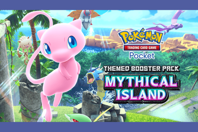 Pokémon tcg pocket mythical island event cover shows a pink pokemon and an island in the background