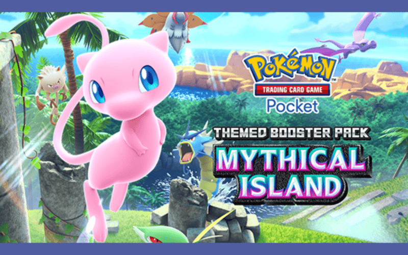 Pokémon tcg pocket mythical island event cover shows a pink pokemon and an island in the background