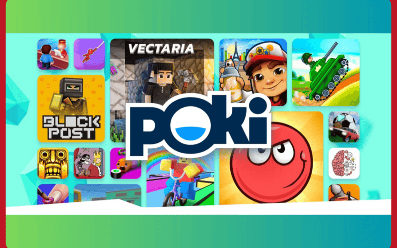 poki studio logo, behind the logo there are multiple game icons in square form