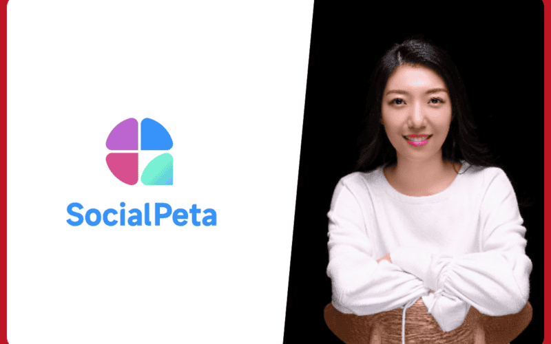 socialpeta logo on the left, crystal bai photo on the right