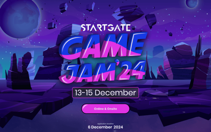 StartGate game jam banner shows a purple toned wild west like area with stones and desert. startgate logo on top, below, game jam 24, and below that is the date 13-15 december
