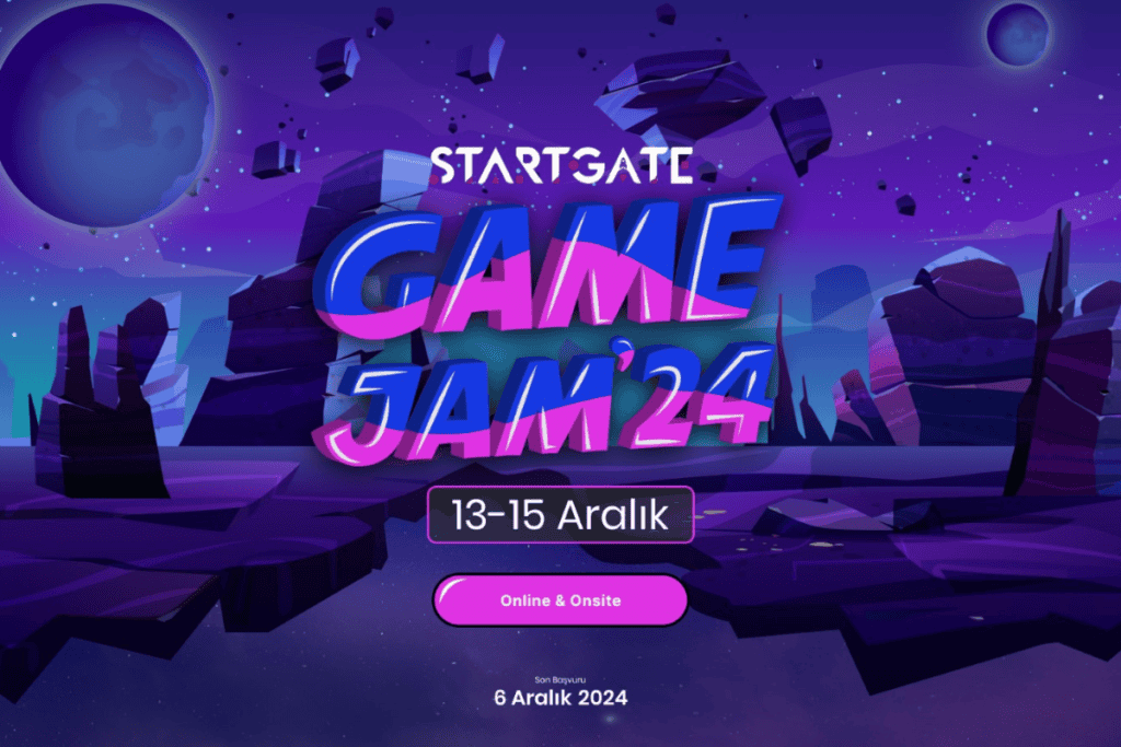 startgate game jam 2024 görseli mor bir gezegende, uçan taş parçaları ve çöle benzer bir ortamdan oluşuyor.