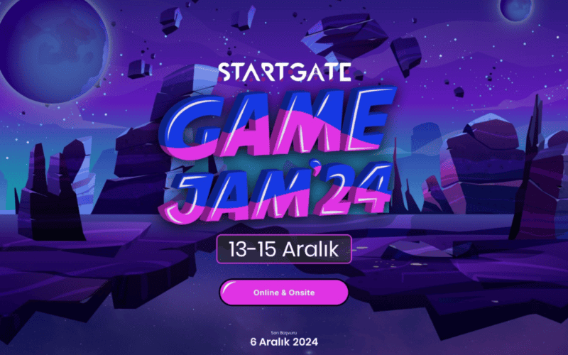 startgate game jam 2024 görseli mor bir gezegende, uçan taş parçaları ve çöle benzer bir ortamdan oluşuyor.
