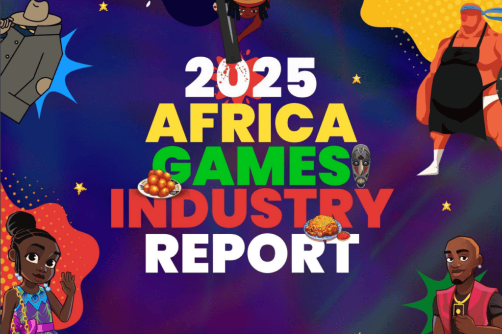 2025 Africa Games Industry Report cover is a text of the title and 4 game characters on each side of the text