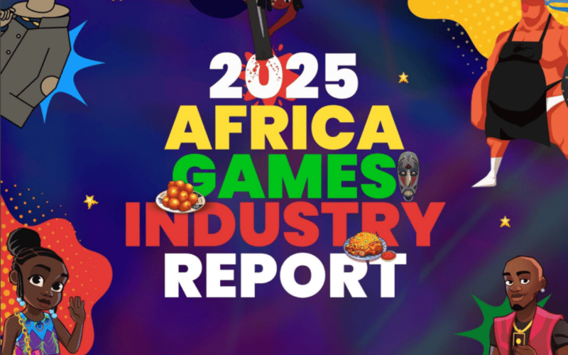2025 Africa Games Industry Report cover is a text of the title and 4 game characters on each side of the text
